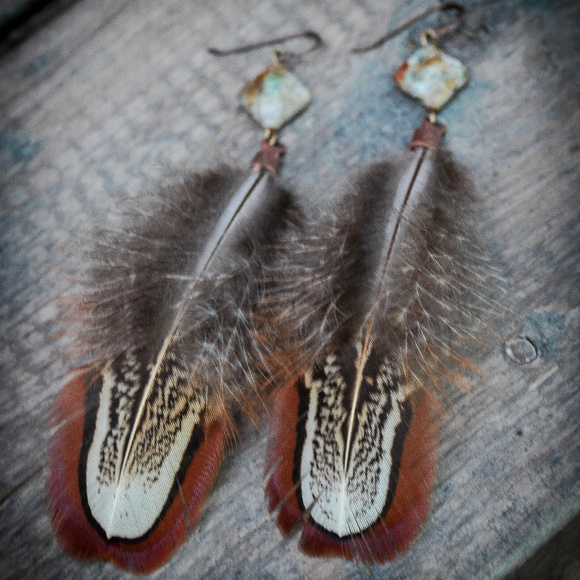 Handcrafted Feather & Green Opal Boho Earrings - Picture 3 of 3